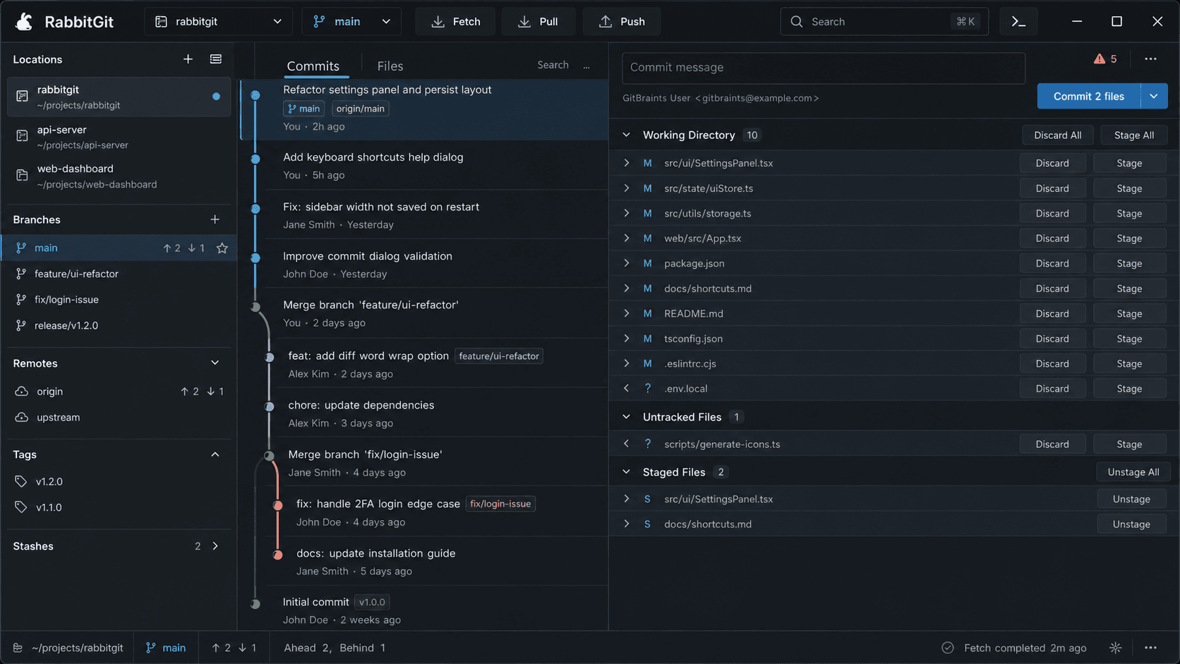 RabbitGit desktop GUI showing the commit graph and staging workspace