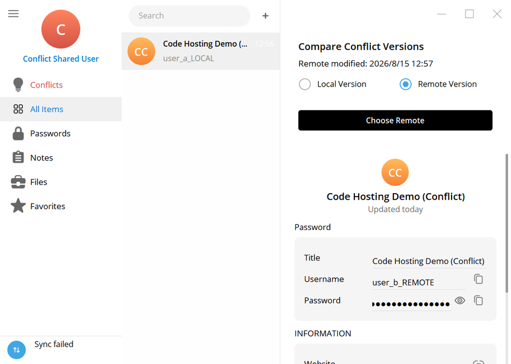 GitPassword conflict resolution screen in English with Remote Version selected