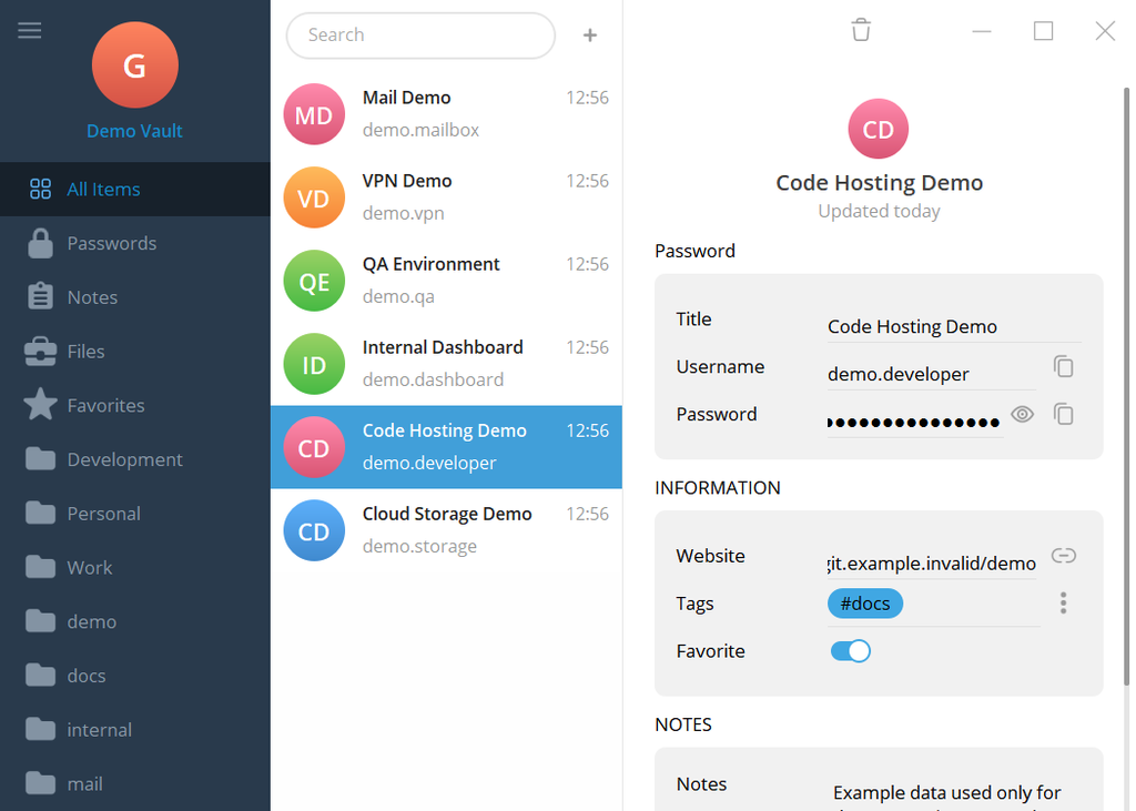 GitPassword password details screen in English with Code Hosting Demo selected and several mock entries visible