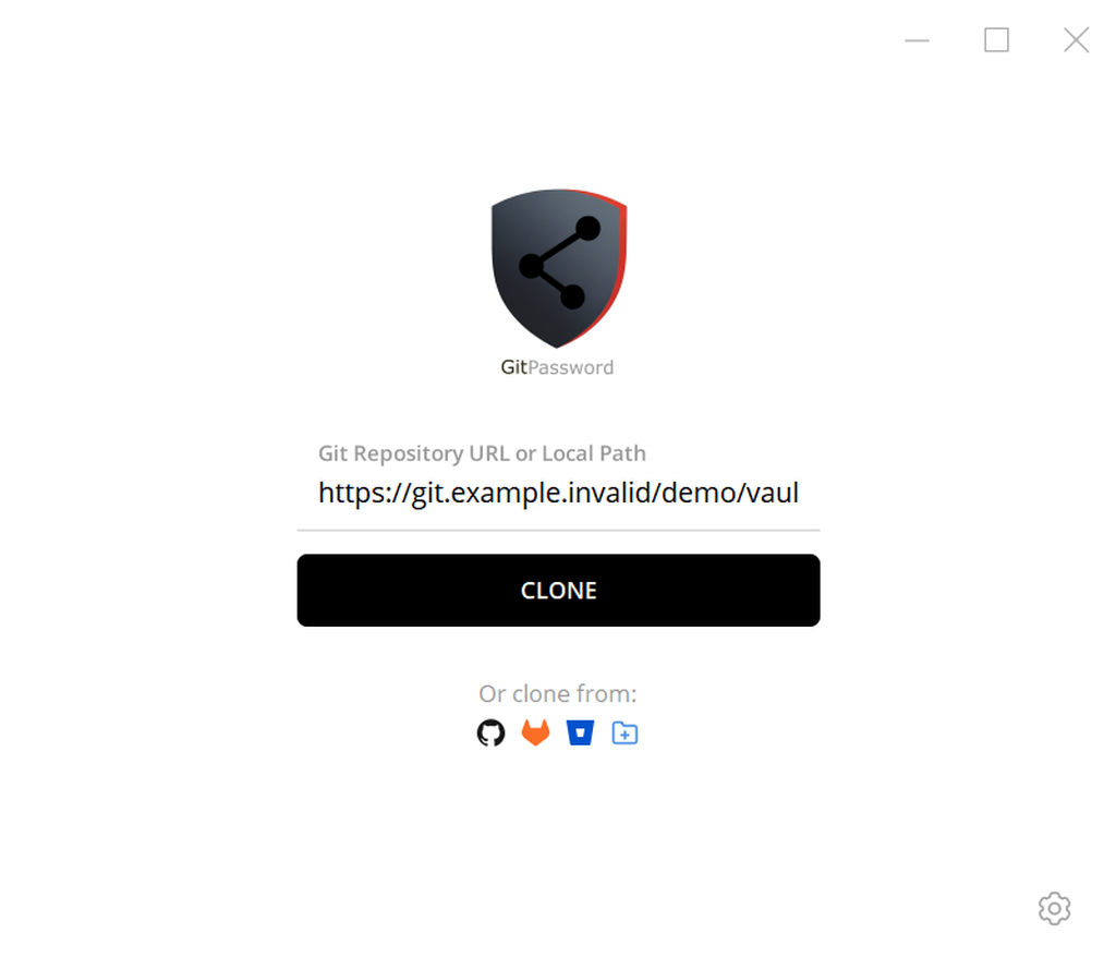 GitPassword repository connection screen in English with a demo repository URL and the Clone button
