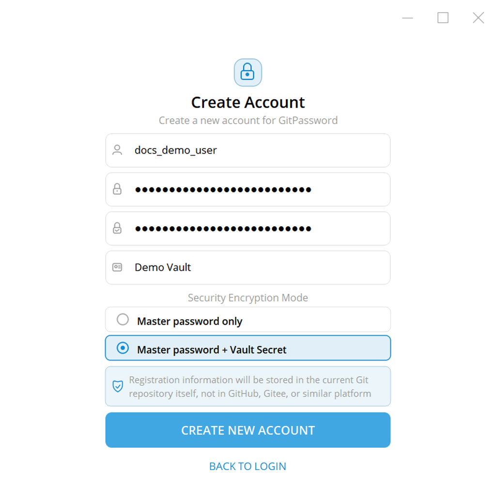 GitPassword Create Account screen in English with masked password fields and Master password plus Vault Secret selected